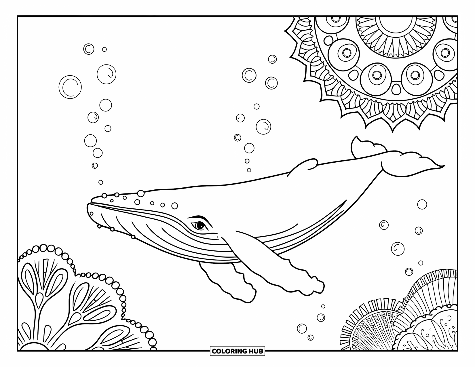 Underwater Coloring Page for Adults: A whale glides through patterned bubbles and coral reefs