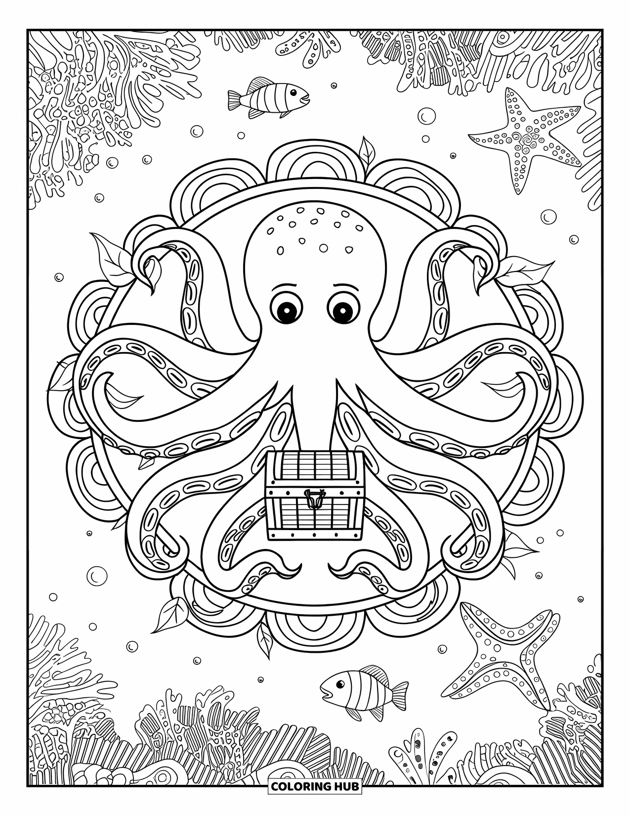 Underwater Coloring Page for Adults: An octopus holds treasure among coral and patterned sea life