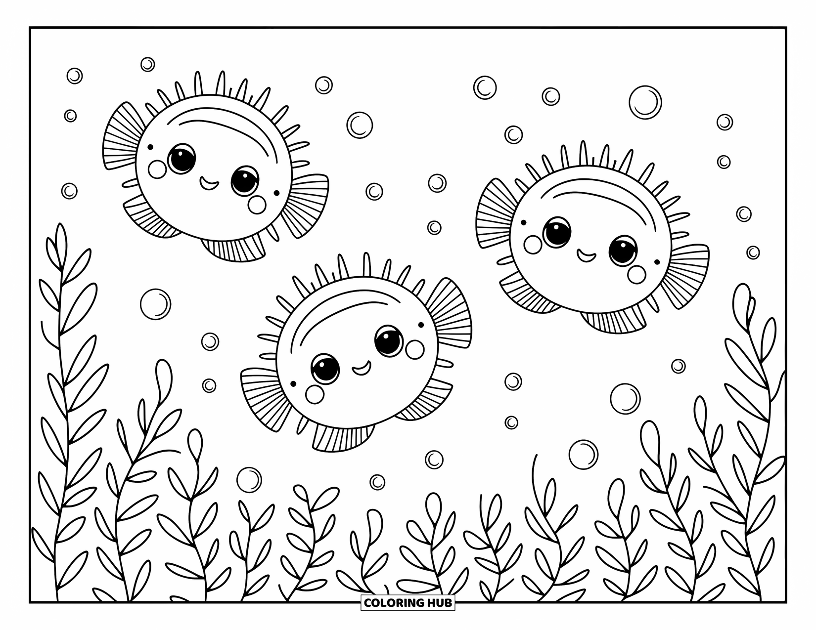 Underwater Coloring Page for Adults: Three round pufferfish float calmly among bubbles and soft sea plants