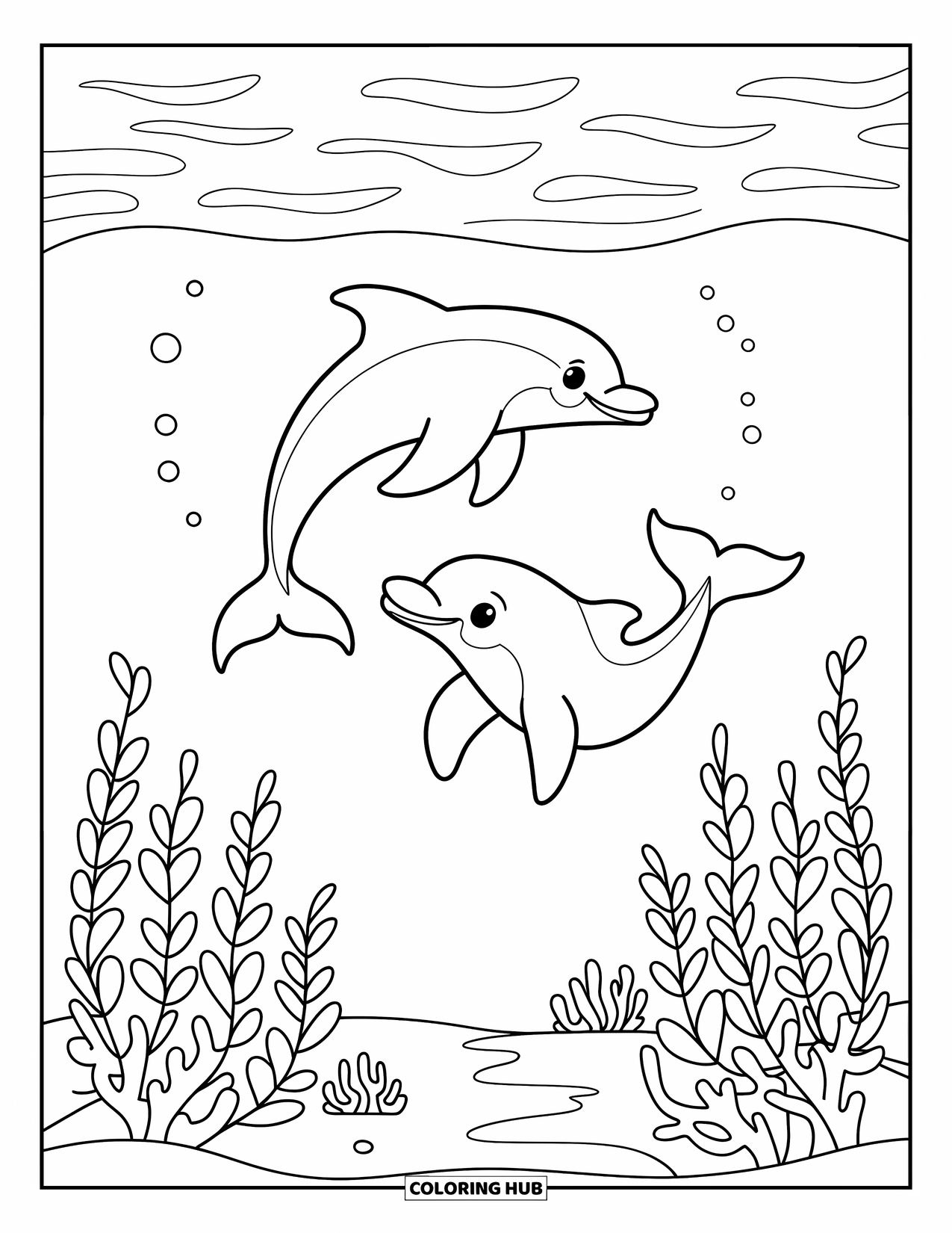 Underwater Coloring Page for Adults: Two dolphins glide together through warm water and waving plants