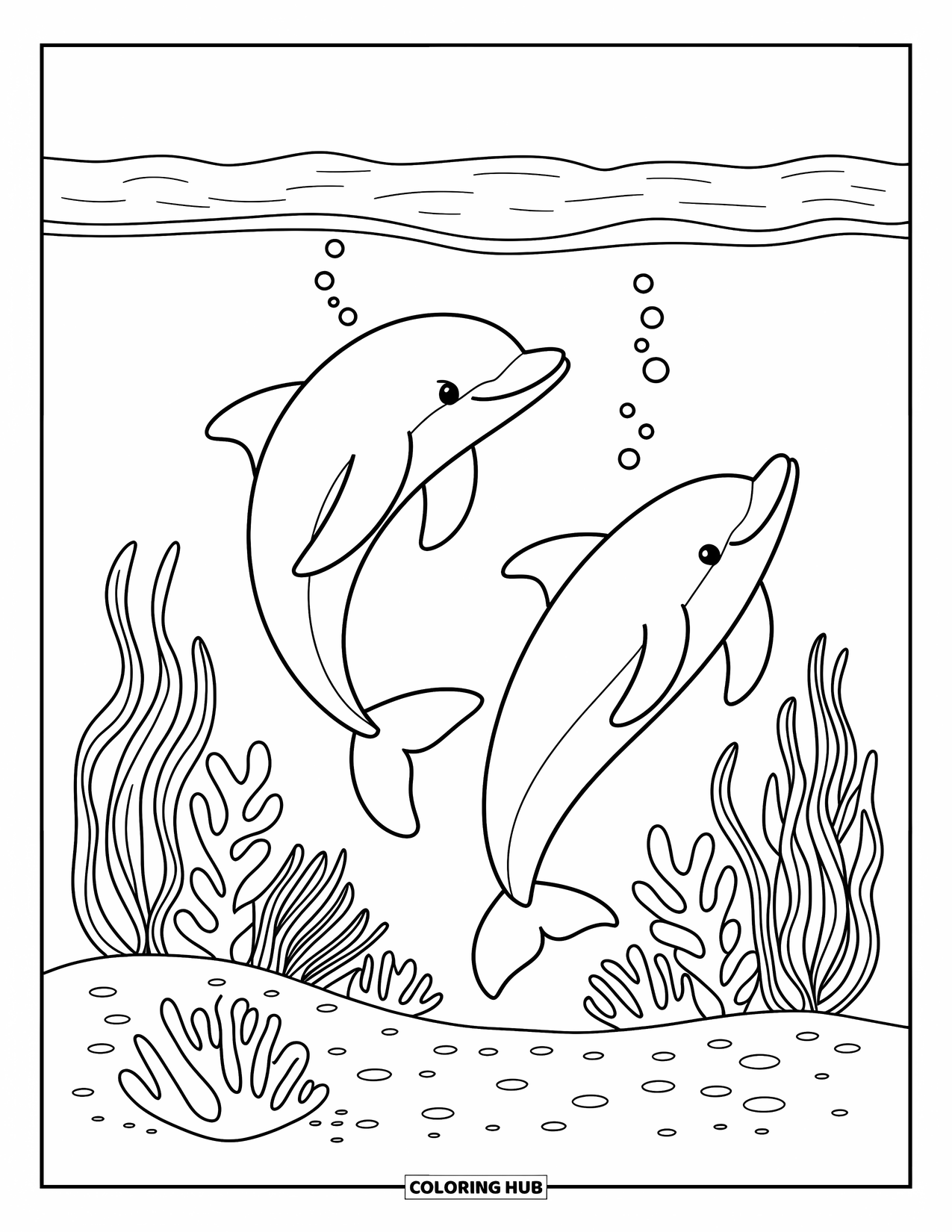 Underwater Coloring Page for Adults: Two dolphins swim gracefully together above coral and sea plants