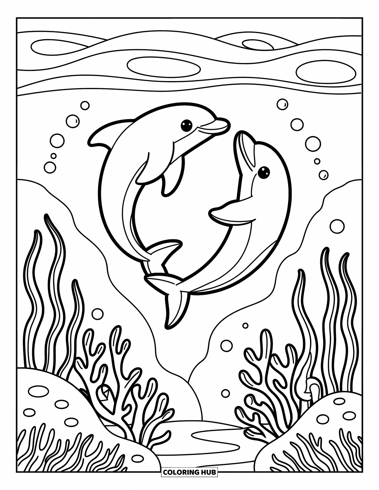 Underwater Coloring Page for Adults: Two dolphins swim side by side above coral in gentle sunlight