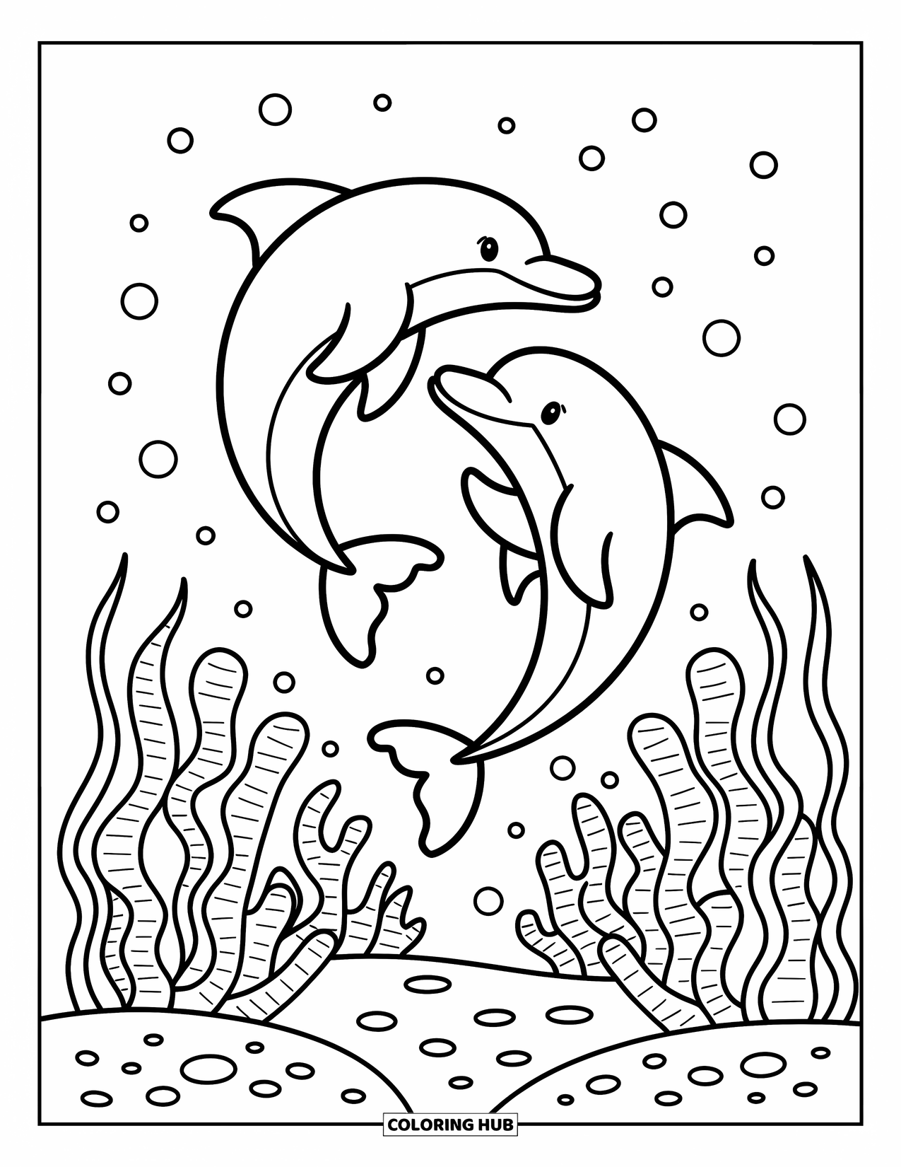 Underwater Coloring Page for Adults: Two playful dolphins leap in unison above coral reefs and bubbles