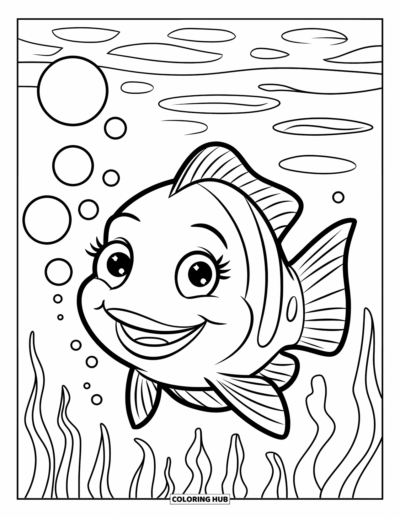 Underwater Coloring Page for Kids: A big smiling fish swims with bubbles and seaweed