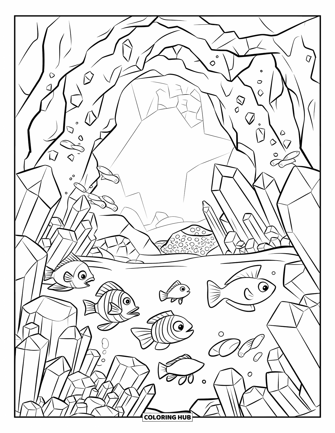 Underwater Coloring Page for Kids: A crystal-filled underwater cave sparkles with fish swimming inside