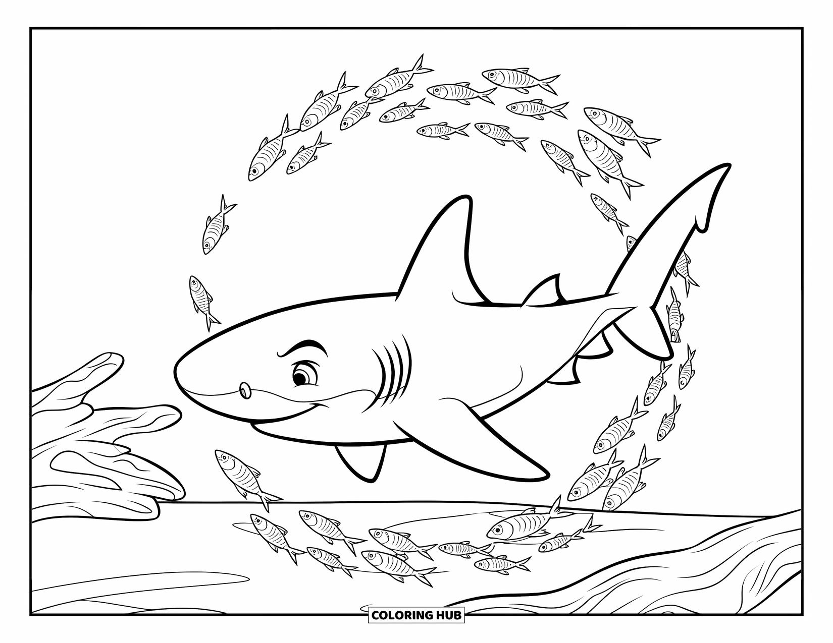 Underwater Coloring Page for Kids: A friendly shark swims around fish near coral and wood