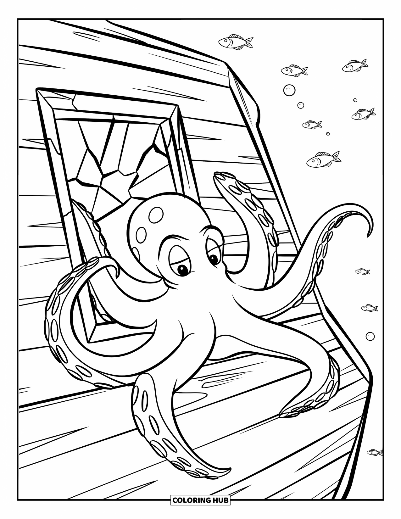 Underwater Coloring Page for Kids: A giant octopus peers out of a broken underwater ship