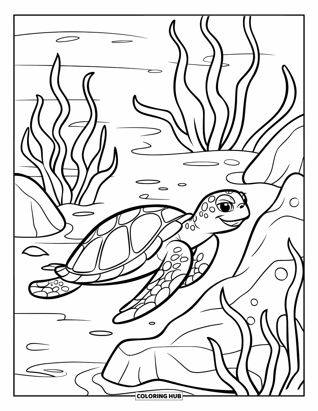 Underwater Coloring Page for Kids: A happy sea turtle glides through coral and fish