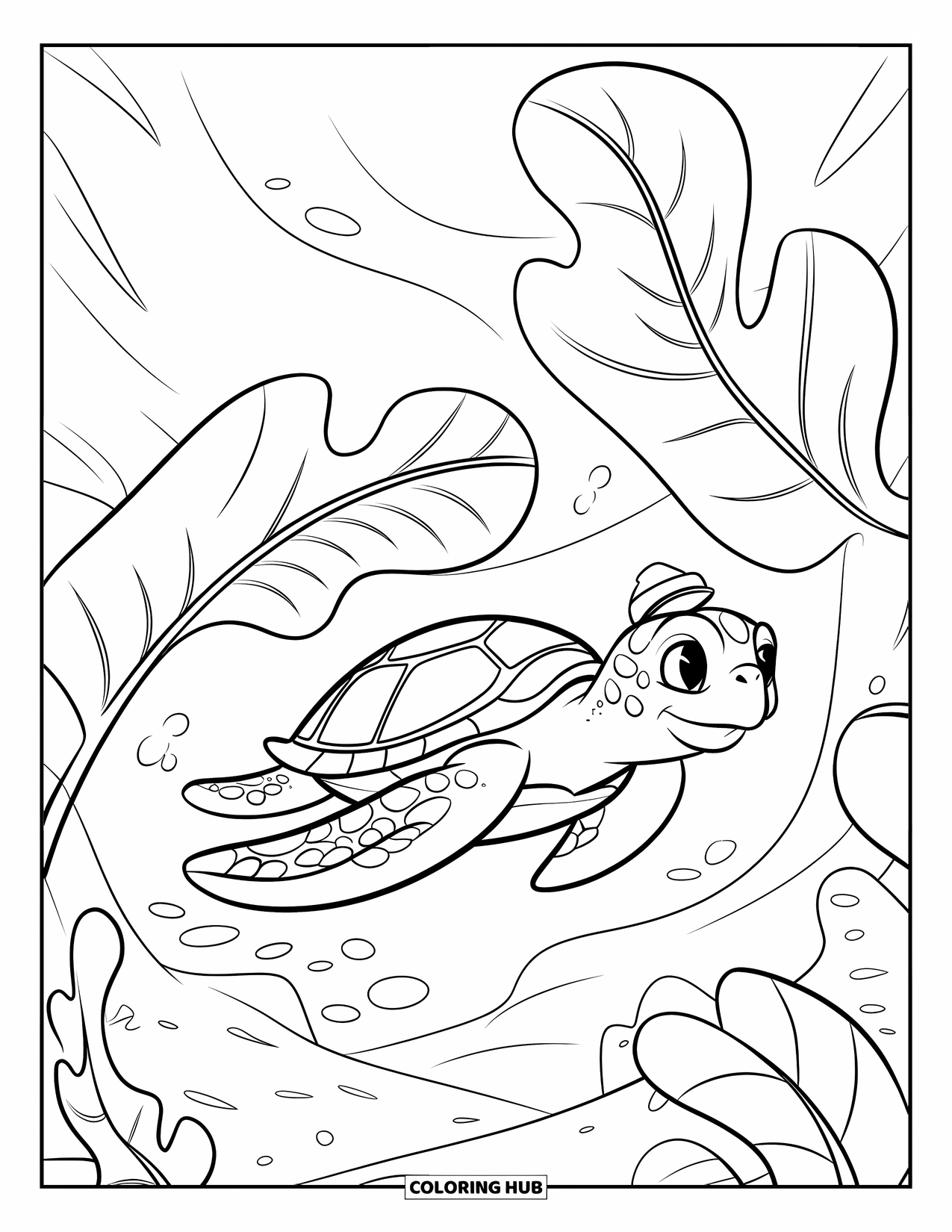 Underwater Coloring Page for Kids: A happy turtle swims among leafy plants and coral
