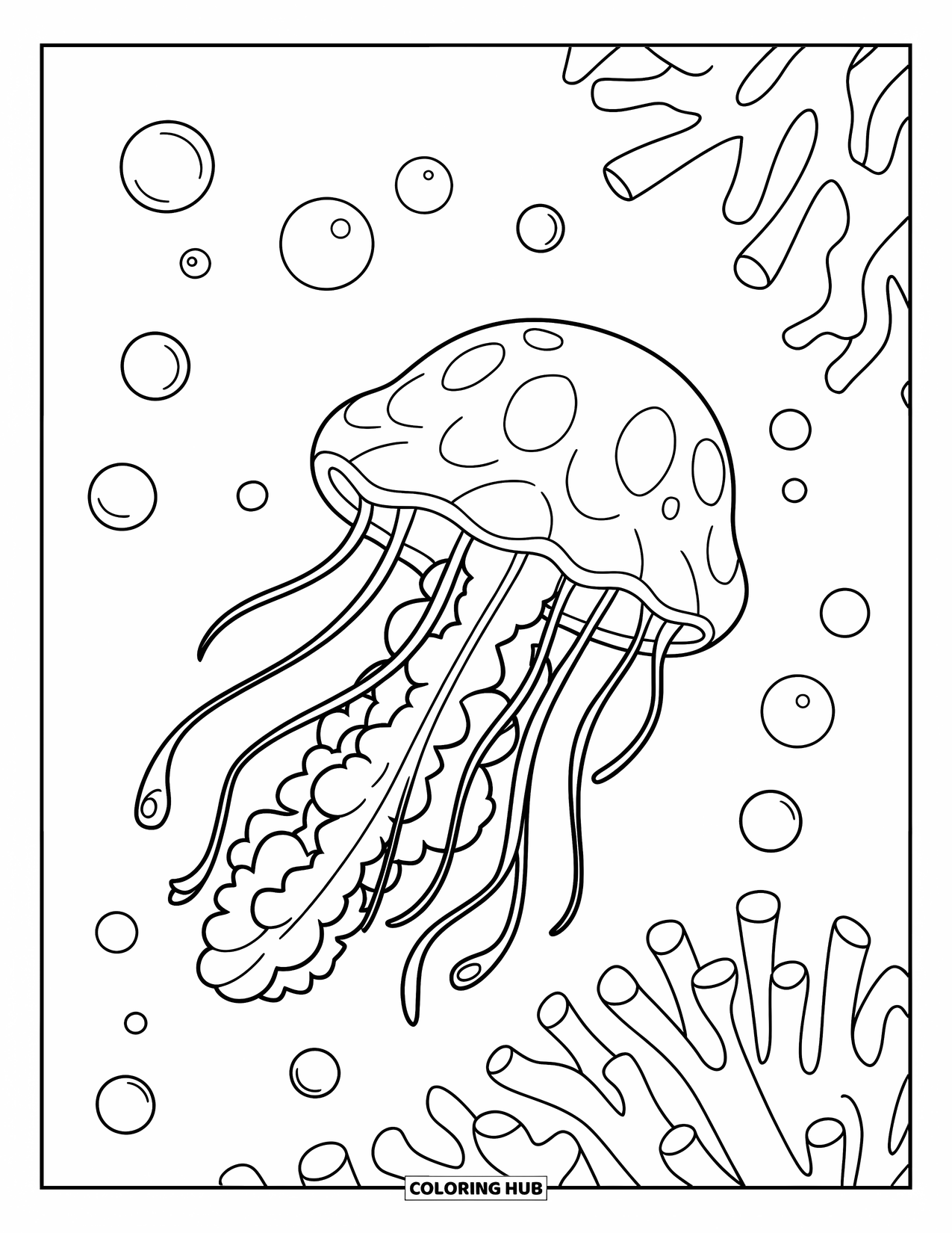 Underwater Coloring Page for Kids: A jellyfish floats among coral spikes and rising bubbles