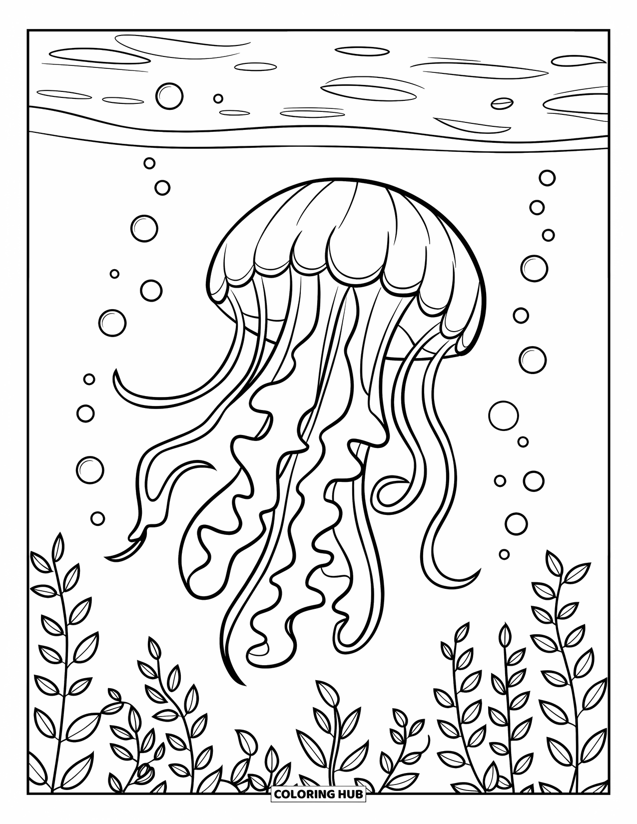 Underwater Coloring Page for Kids: A jellyfish floats with curvy tentacles and bubbles around it
