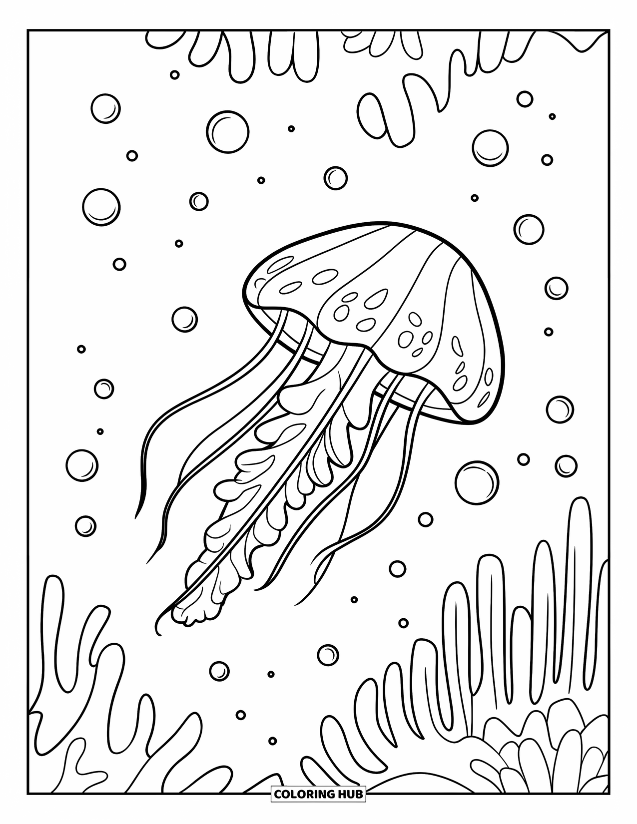 Underwater Coloring Page for Kids: A jellyfish glides above coral spikes surrounded by bubbles