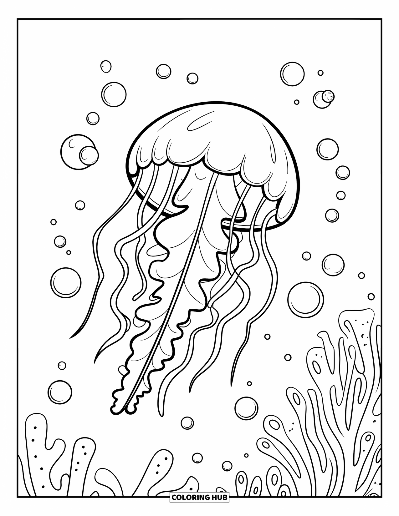 Underwater Coloring Page for Kids: A round jellyfish drifts through bubbles in the ocean