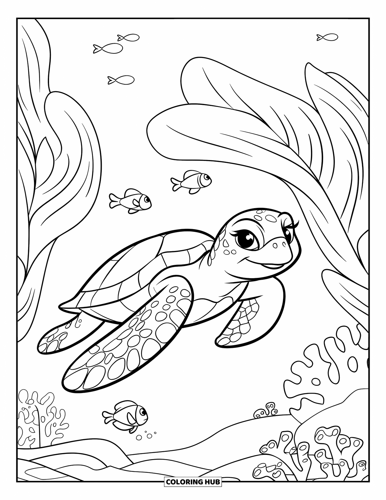Underwater Coloring Page for Kids: A sea turtle floats near tall leafy sea plants