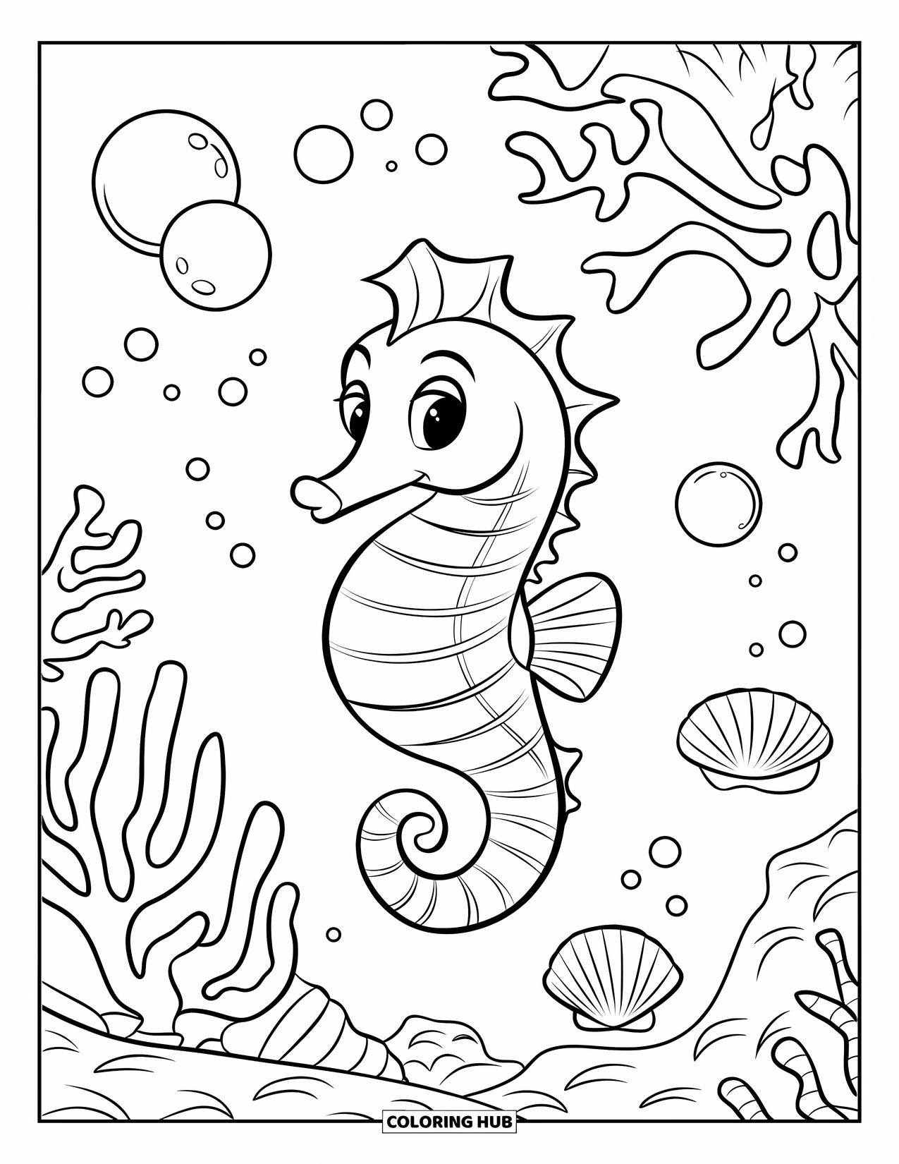 Underwater Coloring Page for Kids: A seahorse floats among coral, bubbles, and shells