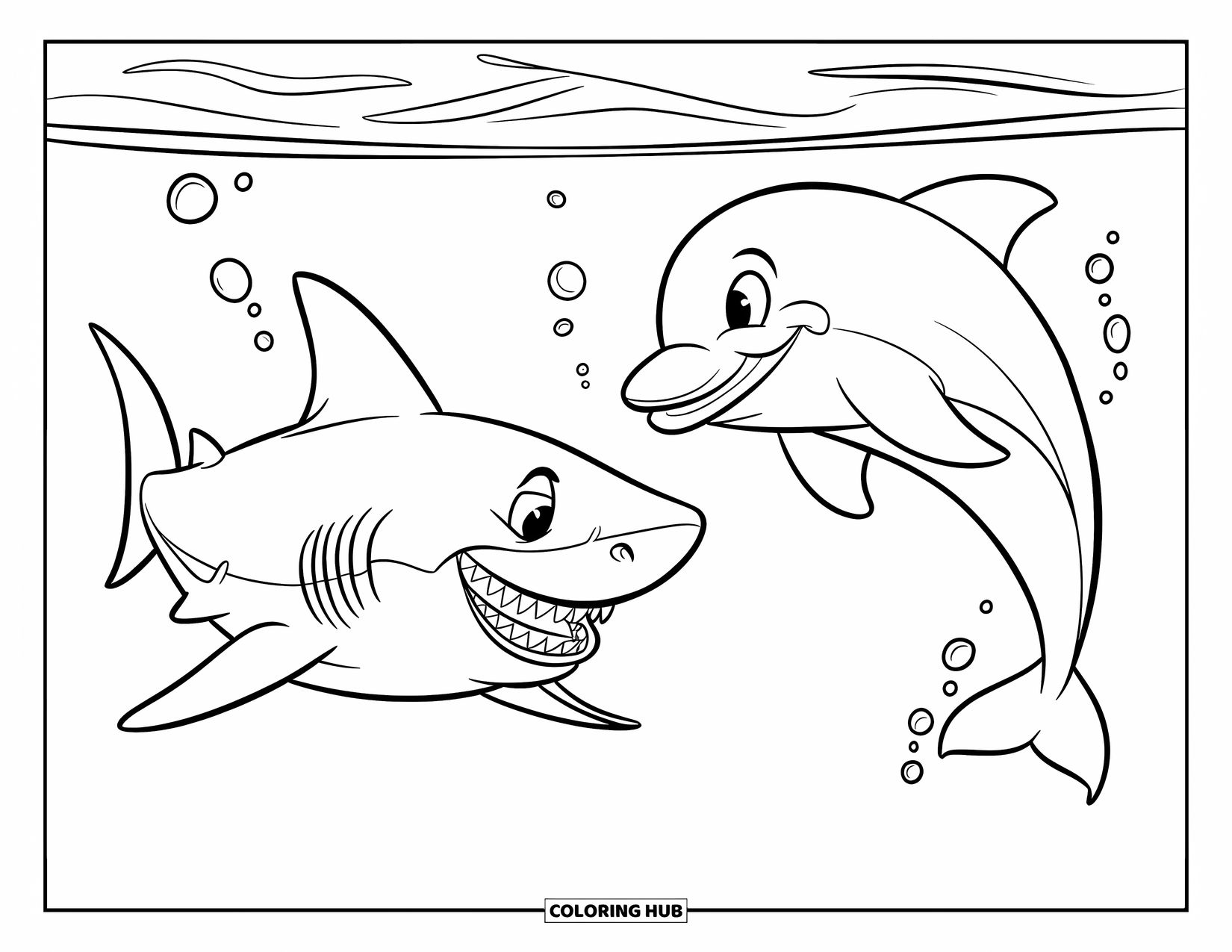 Underwater Coloring Page for Kids: A shark and dolphin cross paths underwater with trails of bubbles behind them