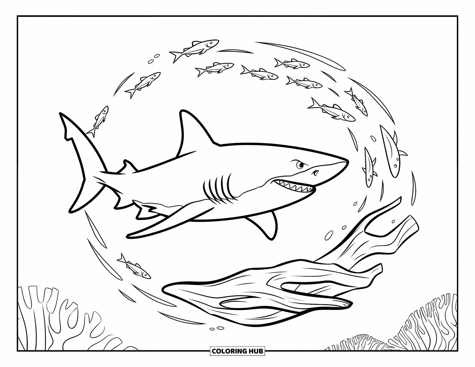 Underwater Coloring Page for Kids: A shark circles small fish and driftwood underwater