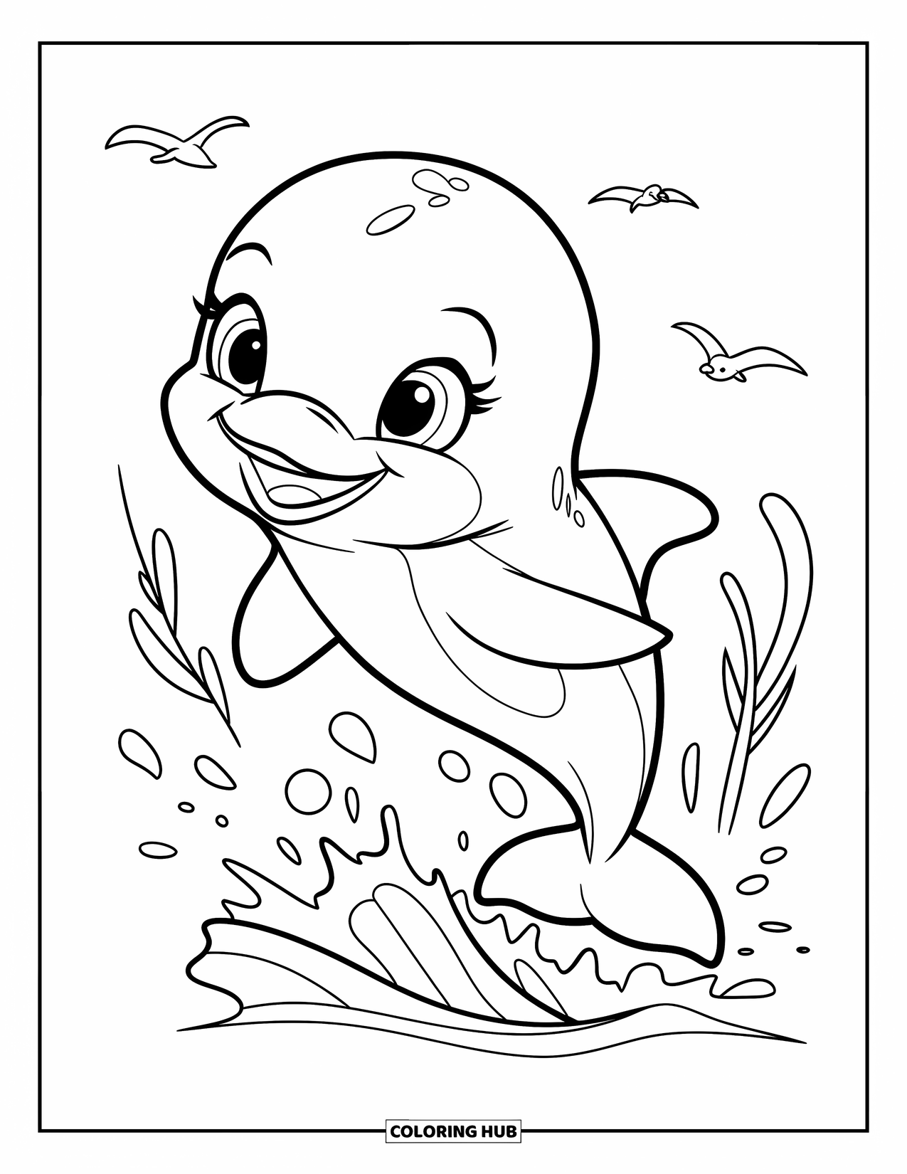 Underwater Coloring Page for Kids: A smiling baby dolphin splashes as it jumps from the sea