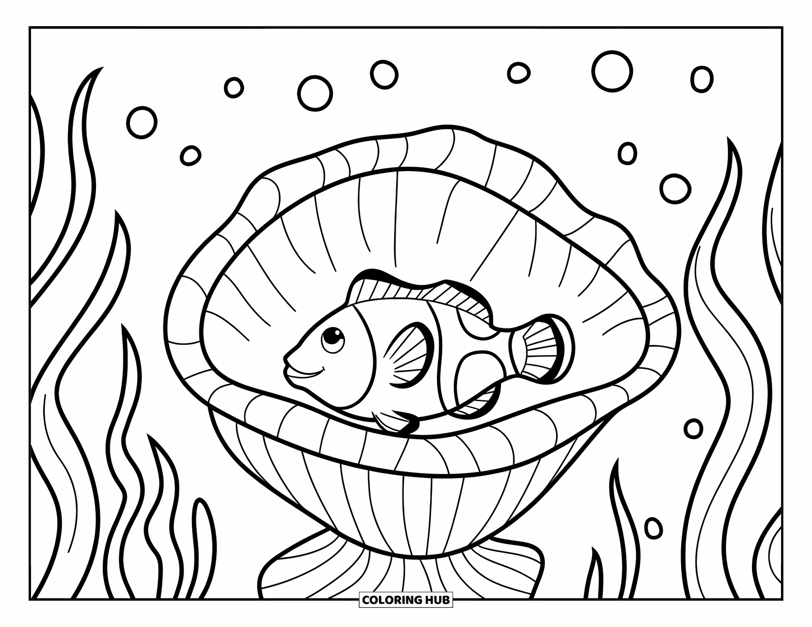 Underwater Coloring Page for Kids: A smiling clownfish floats beside a soft sea anemone