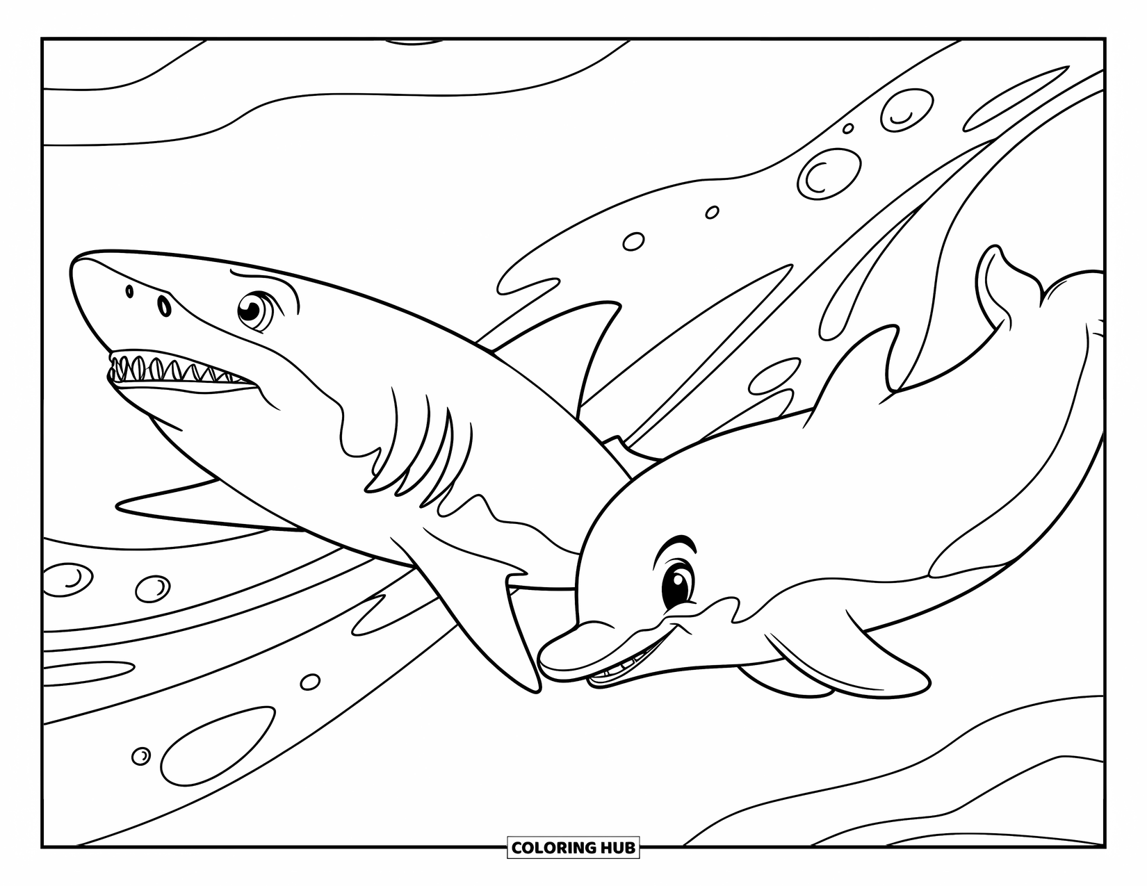 Underwater Coloring Page for Kids: A smiling dolphin leaps above a swimming shark beneath the waves