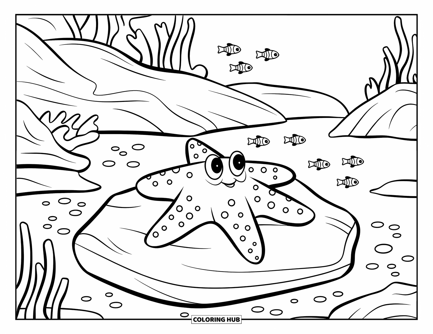 Underwater Coloring Page for Kids: A starfish lies on a rock beneath calm ocean waves