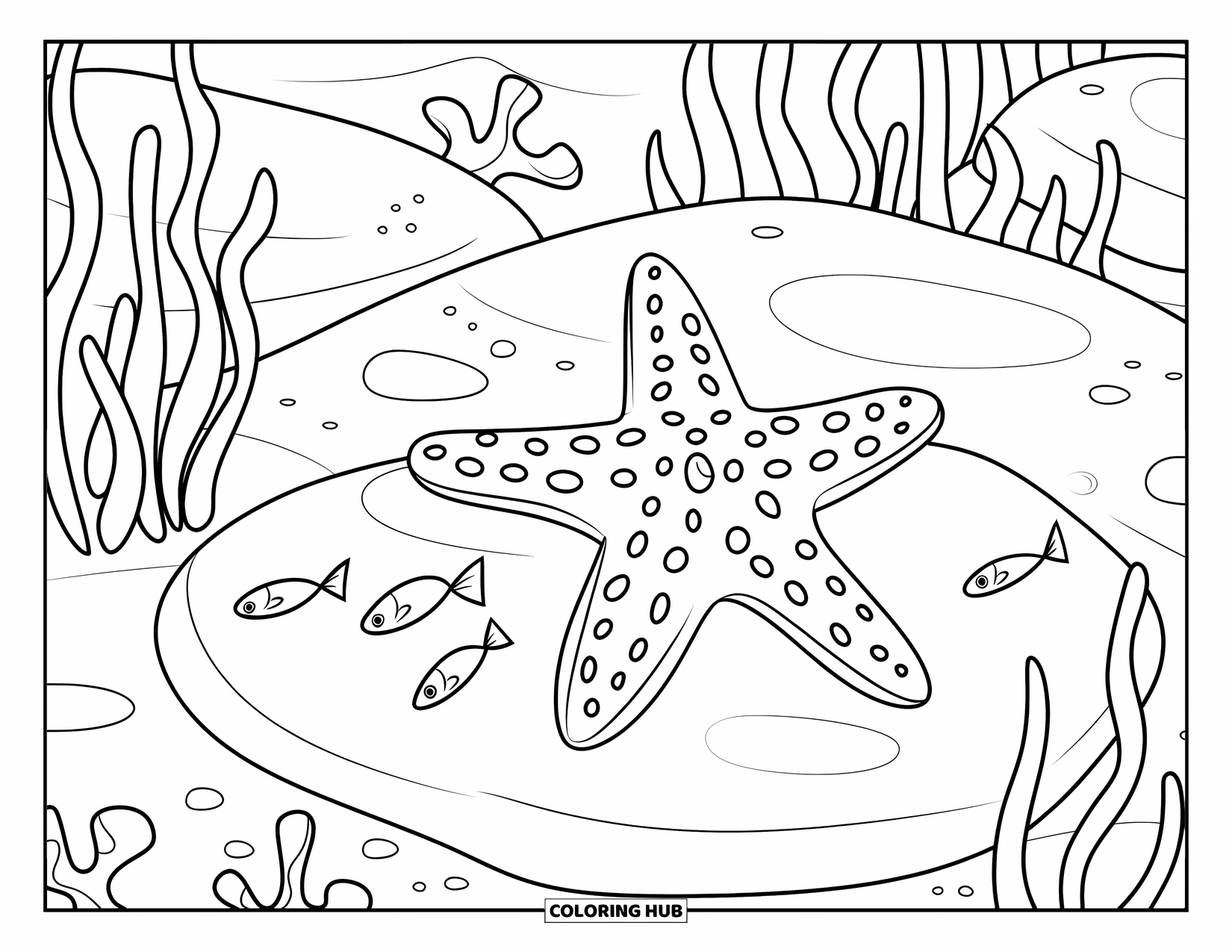 Underwater Coloring Page for Kids: A starfish rests on a smooth rock with tiny fish nearby