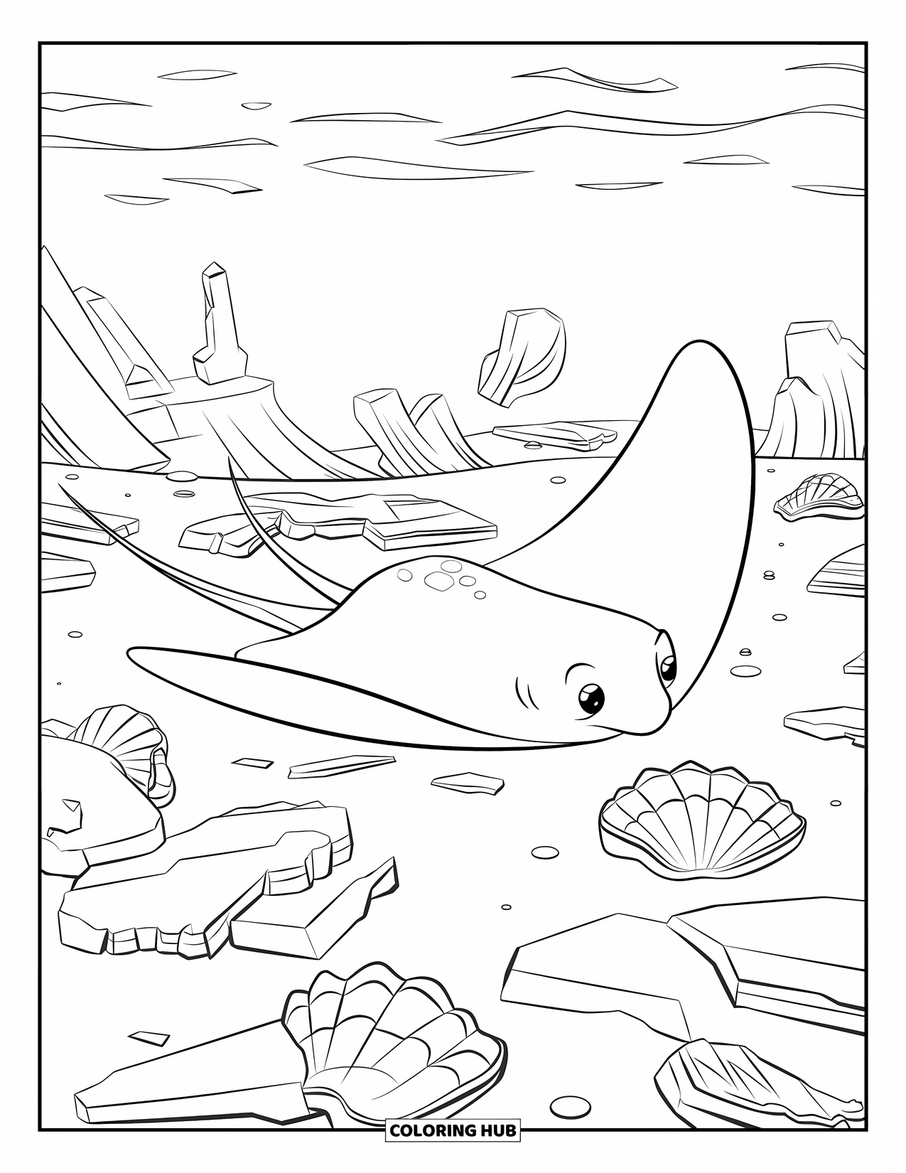 Underwater Coloring Page for Kids: A stingray glides past ancient carvings and seashells underwater