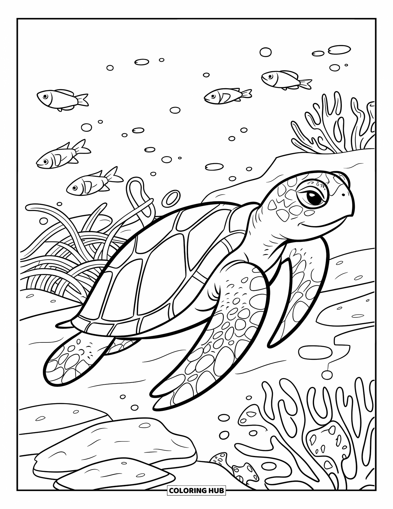 Underwater Coloring Page for Kids: A turtle swims among rocks and waving seaweed underwater