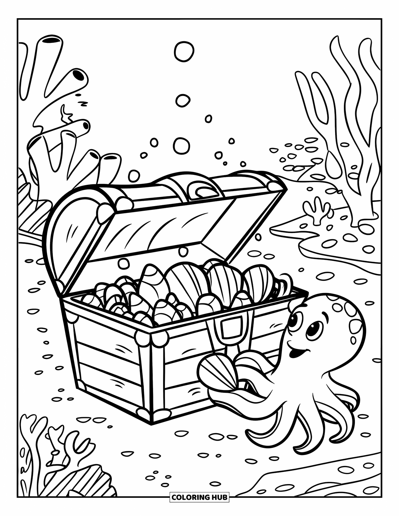 Underwater Coloring Page for Kids: An octopus guards a treasure chest surrounded by coral