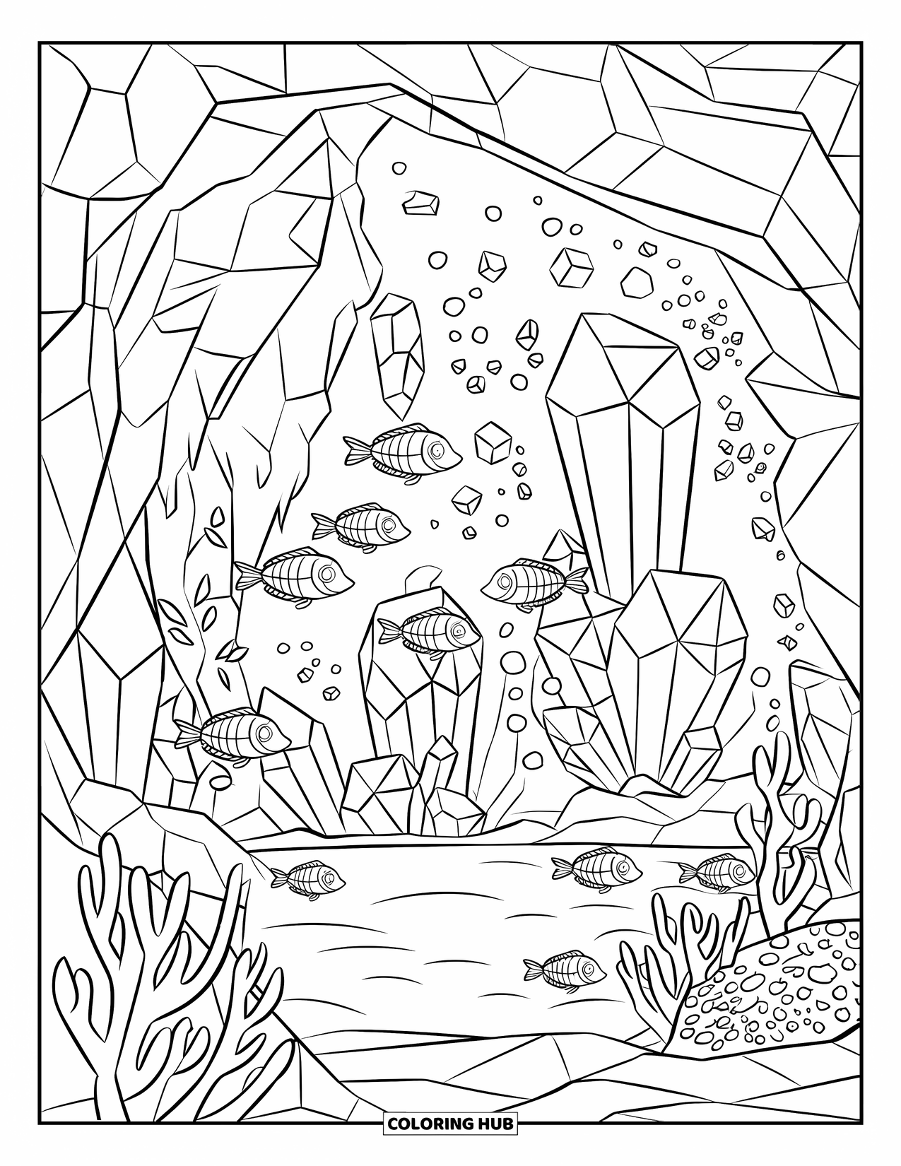 Underwater Coloring Page for Kids: An underwater cave filled with crystals and curious fish