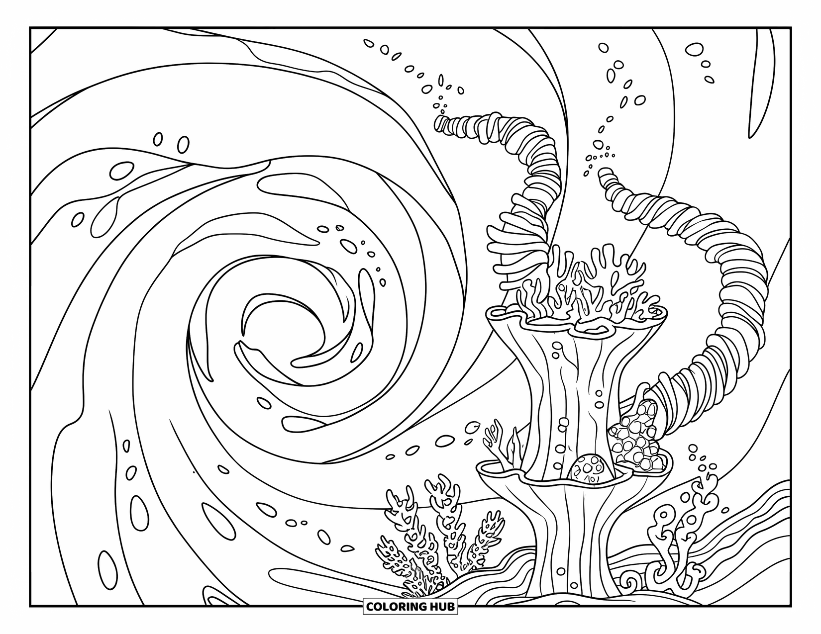Underwater Coloring Page for Kids: Seaweed spirals dance near a coral tower in a swirling current