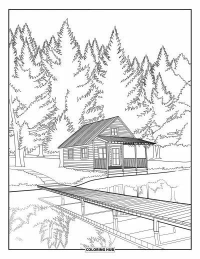 Coloriage de vacances pour adultes : Un chalet près d'un ponton et d'un chemin forestier entouré de pins apaisants