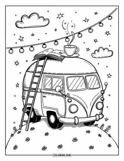 Coloriage de vacances pour adultes : Un van de camping sur une colline avec du thé et un carnet de croquis sous les étoiles