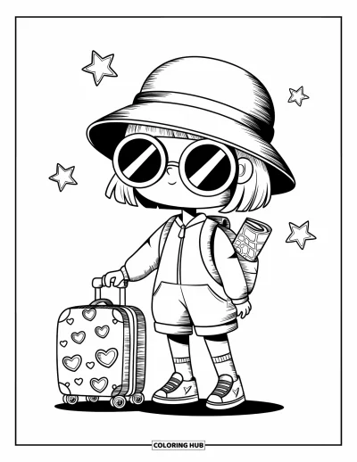 Coloriage de vacances pour adultes : Une fille chibi avec un bob se tient près de sa valise couverte d'autocollants en forme de cœur