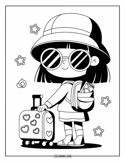 Coloriage de vacances pour adultes : Une fille chibi avec des lunettes de soleil se tient près de sa valise couverte d'autocollants