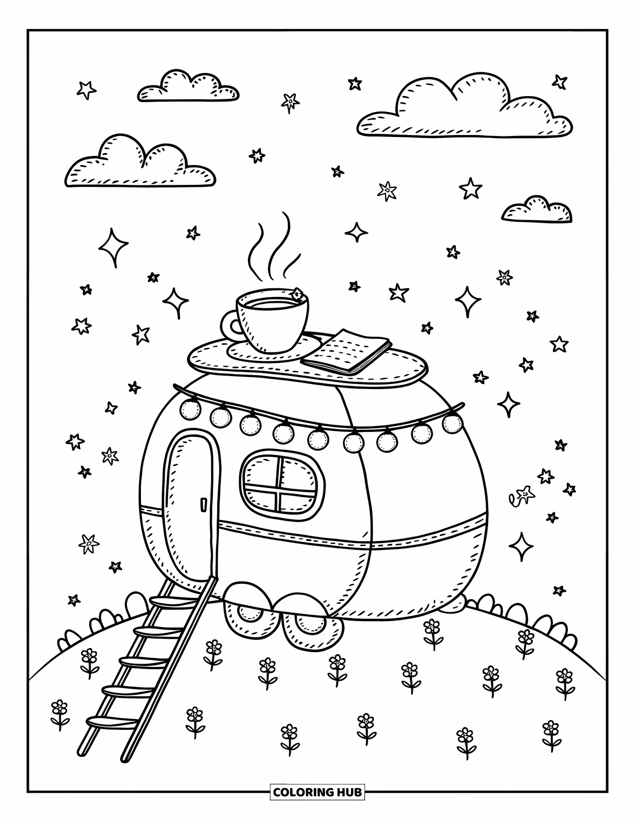 Vacation Coloring Page for Adults: A cozy camper van rests on a hill under stars and string lights