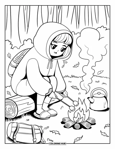Coloriage de vacances pour adultes : Une fille fait griller des chamallows près d'un petit feu de camp avec sa bouilloire à portée de main