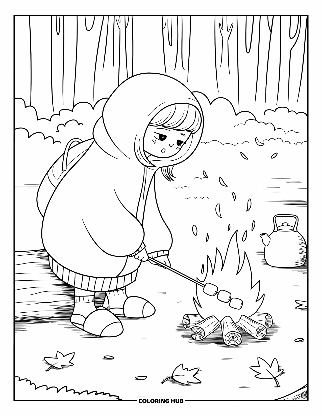 Vacation Coloring Page for Adults: A cozy girl roasts marshmallows under tall trees with falling leaves