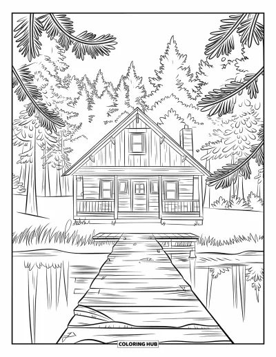 Coloriage de vacances pour adultes : Un chalet au bord d'un lac se reflète dans l'eau tranquille, encadré de grands pins