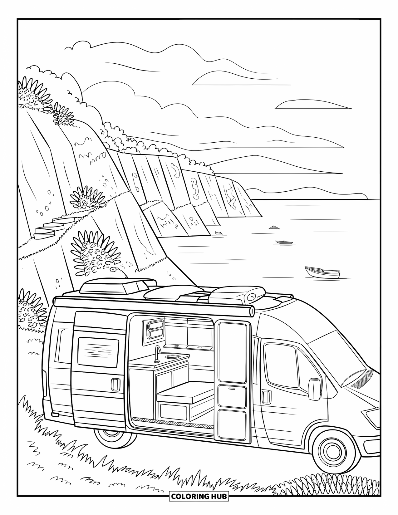 Vacation Coloring Page for Adults: A cozy van with open doors overlooks a calm sea and rocky cliffs