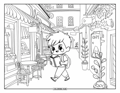 Coloriage de vacances pour adultes : Un jeune garçon se promène dans une ruelle étroite avec un guide de voyage à la main