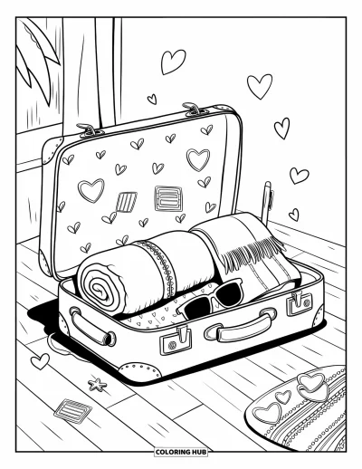 Coloriage de vacances pour adultes : Une valise ouverte au sol au style doodle, remplie d'objets de voyage et d'autocollants