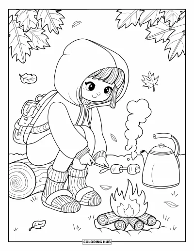 Coloriage de vacances pour adultes : Une fille en sweat à capuche fait griller des chamallows près d'un feu de camp et d'un sac à dos
