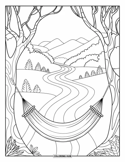 Coloriage de vacances pour adultes : Un hamac entre des arbres avec vue sur des rivières, des montagnes et de petites maisons