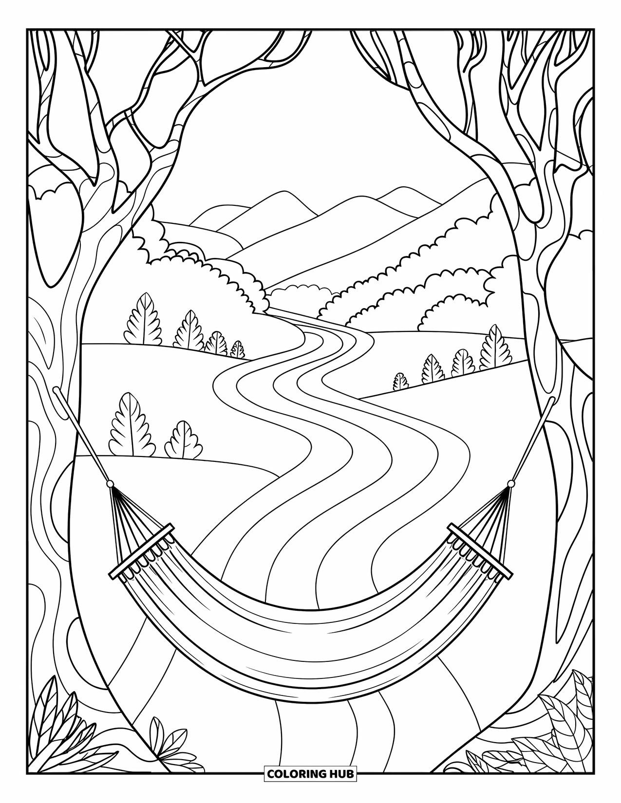 Vacation Coloring Page for Adults: A hammock between trees overlooking rivers, mountains, and tiny houses