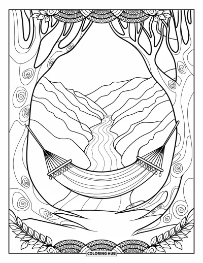 Coloriage de vacances pour adultes : Un hamac encadré d'arbres aux motifs ornés et de collines au bord d'une rivière