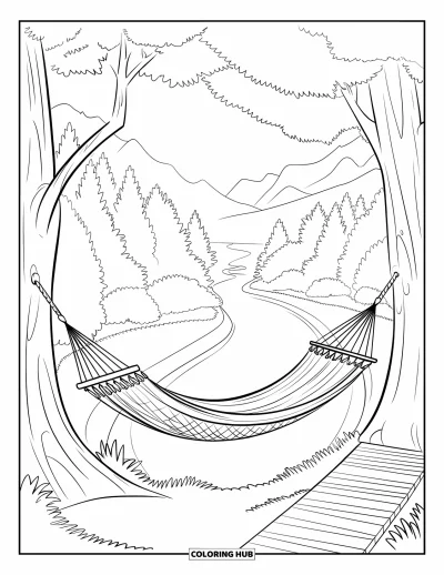Coloriage de vacances pour adultes : Un hamac se balance entre des arbres au-dessus d'une rivière sinueuse et de montagnes au loin