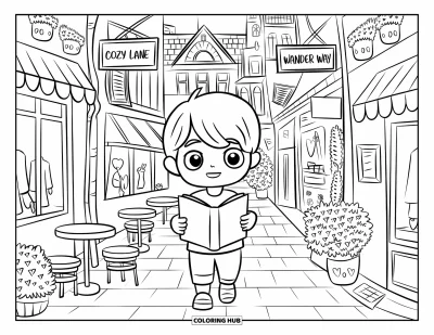 Coloriage de vacances pour adultes : Un garçon kawaii traverse une ruelle pittoresque en tenant un guide de voyage