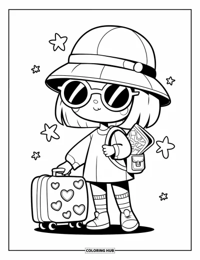 Coloriage de vacances pour adultes : Une fille kawaii avec des lunettes de soleil et un chapeau pose avec sa petite valise et sa carte