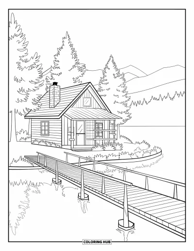 Coloriage de vacances pour adultes : Un chalet au bord d'un lac avec un ponton entouré de pins et de montagnes